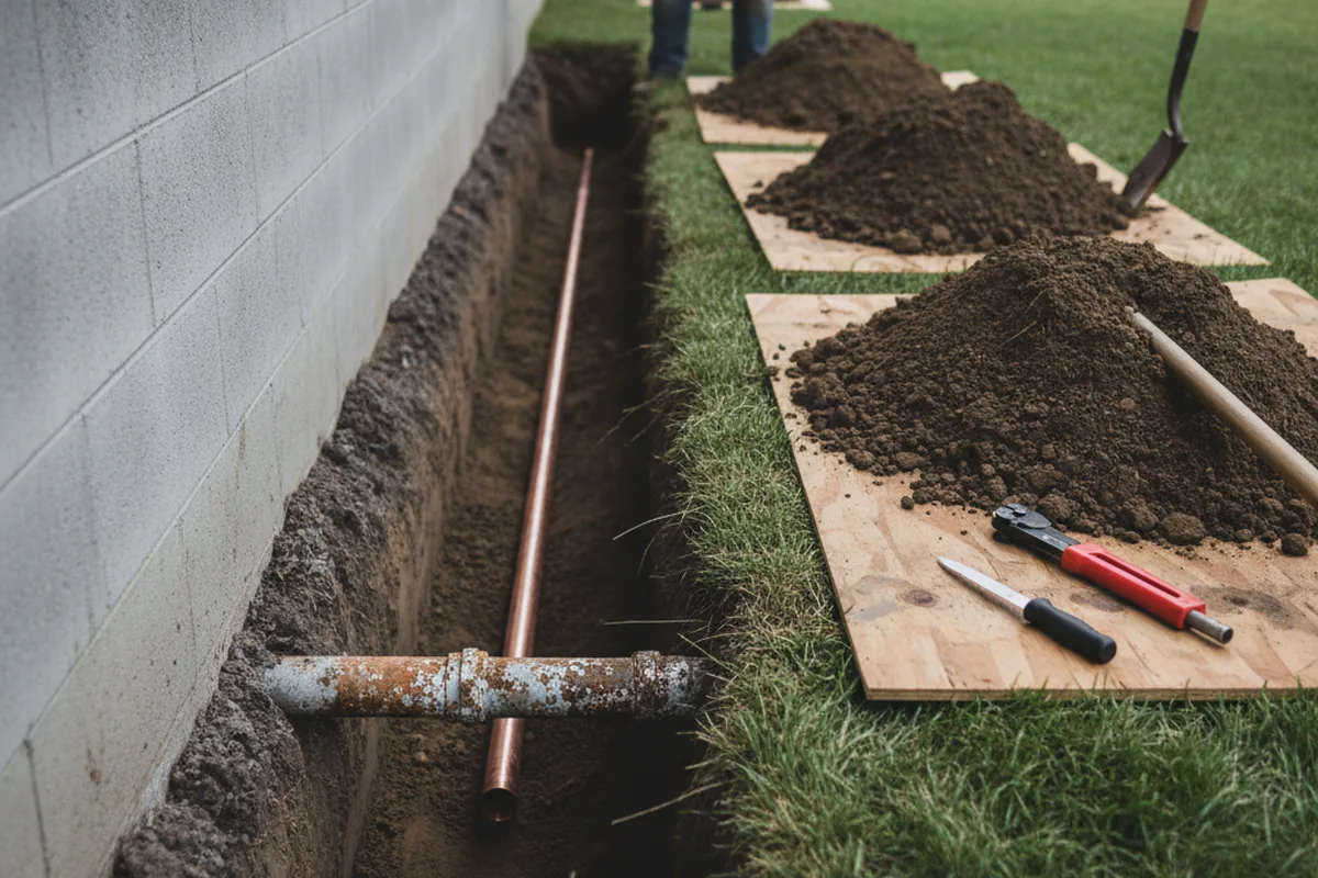 Excavated water line trench during Sewer Line Repair in Lillian